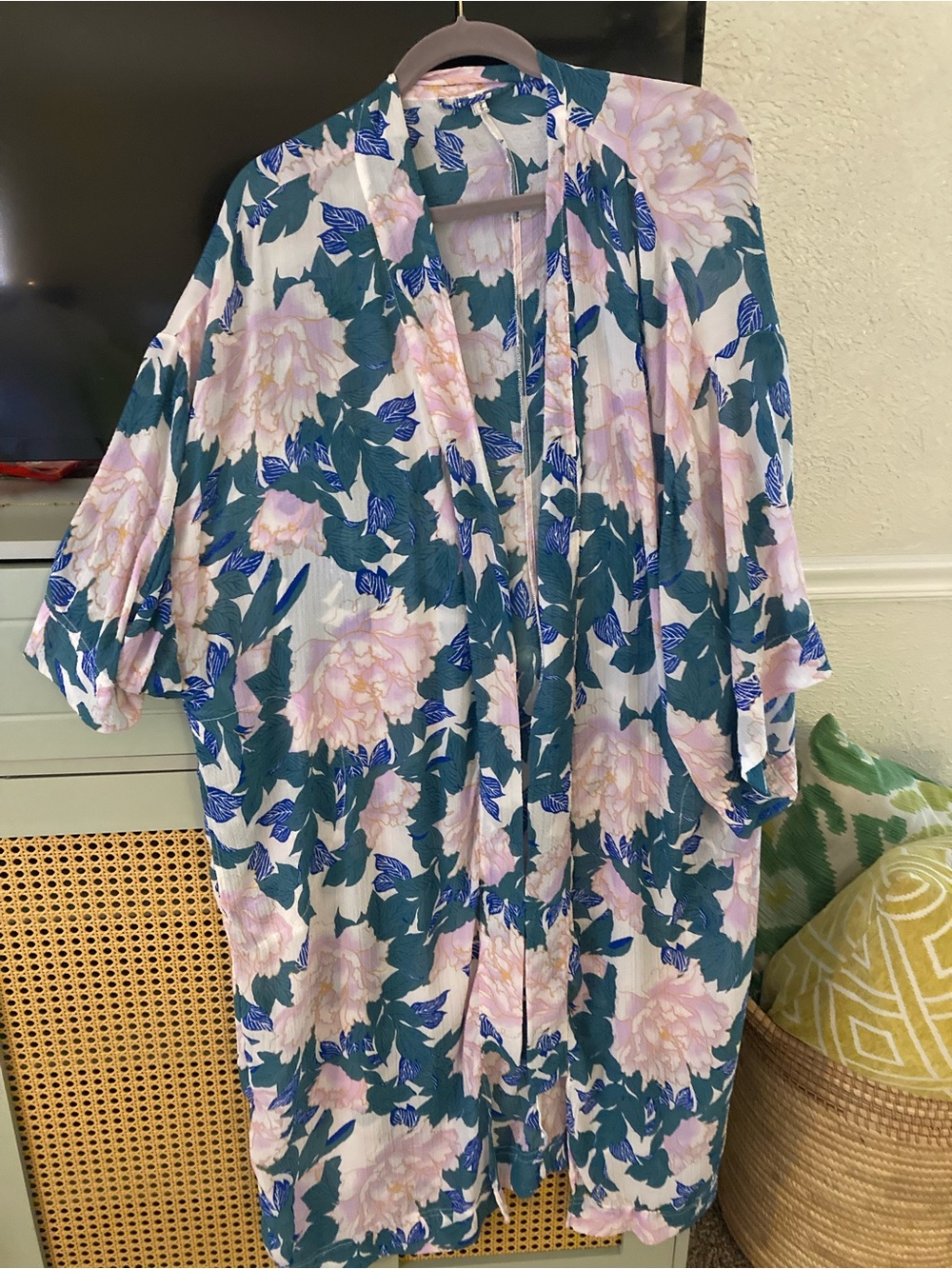Free People Floral Kimono Duster - Teal, Pink & Blue